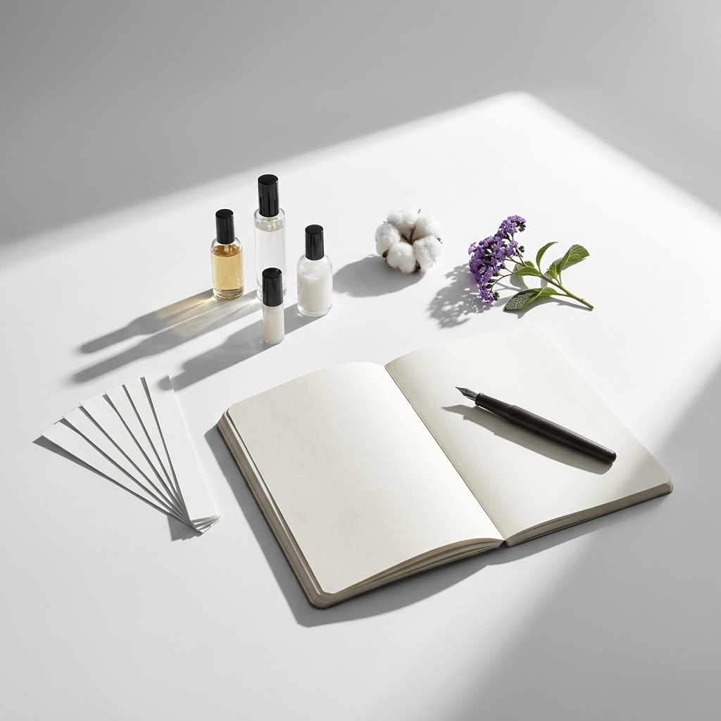 Fotografia conceptual de um caderno de perfumista traduzindo termos de clientes como "cheiro a bebé" ou "cola branca" em ingredientes técnicos como "almíscares" e "heliotropina".