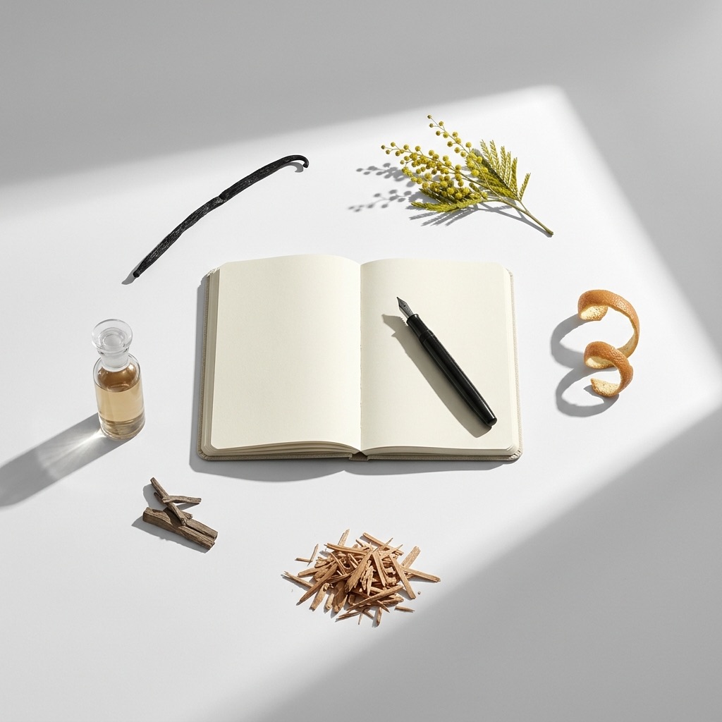 Fotografia de natureza morta de um caderno aberto com adjetivos olfativos caligrafados (solar, empolvado) rodeado de matérias-primas correspondentes e frascos.