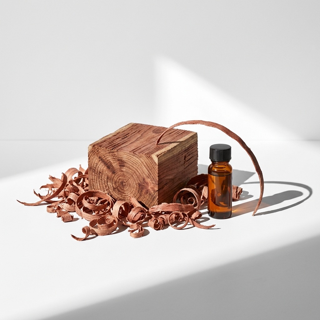 Aparas de madeira de cedro vermelho sobre uma mesa de madeira, ilustrando a nota amadeirada seca utilizada em perfumaria.