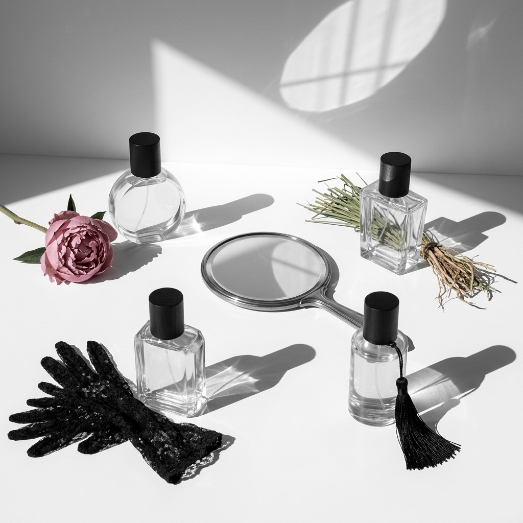 Mulher elegante a escolher um perfume diante de um toucador, ilustrando a harmonia entre estilo e fragrância.