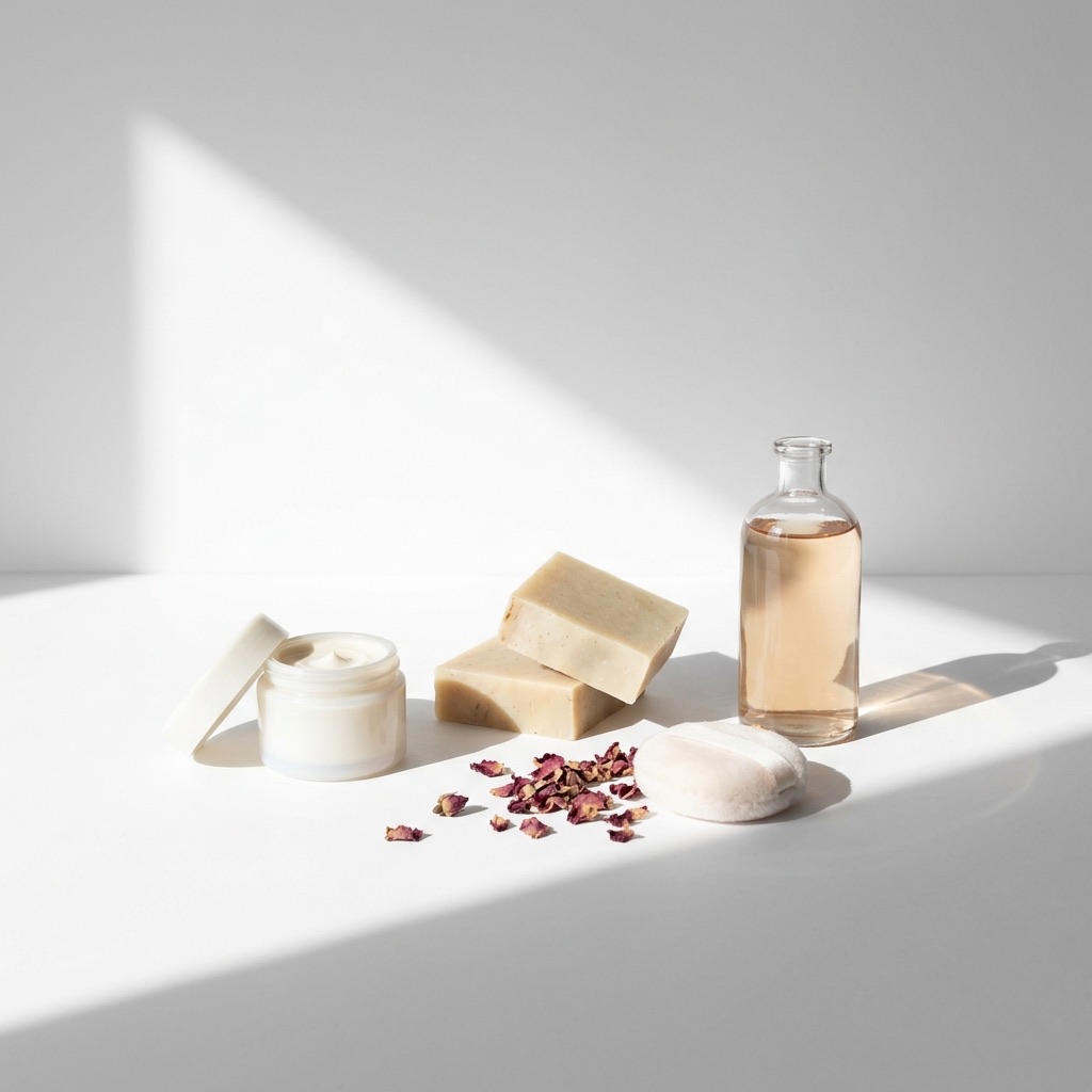 Natureza-morta cosmética com frasco de creme vintage, água de rosas e sabão, ilustrando a evolução da perfumação dos produtos de beleza.