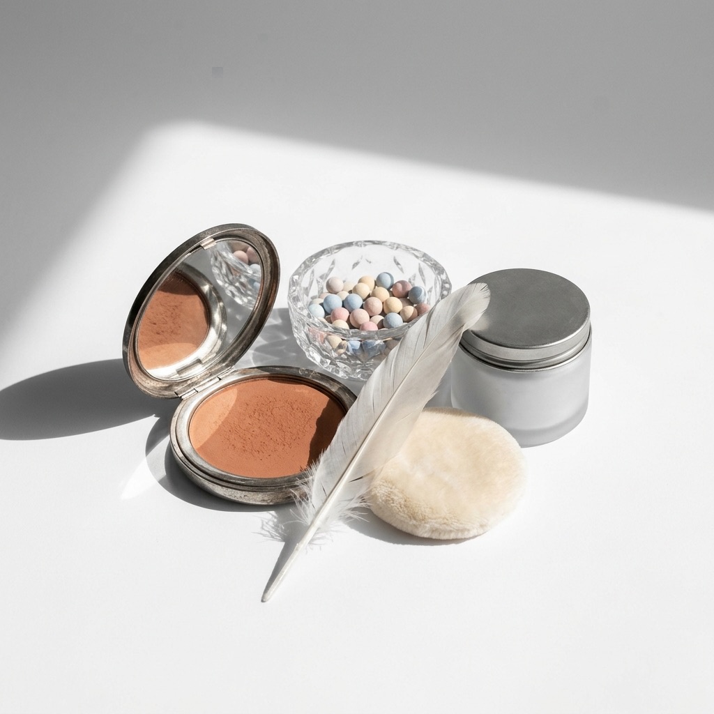 Composição de produtos de beleza históricos da Guerlain: estojo Météorites, pó Terracotta e frasco de creme vintage sobre um tabuleiro espelhado.