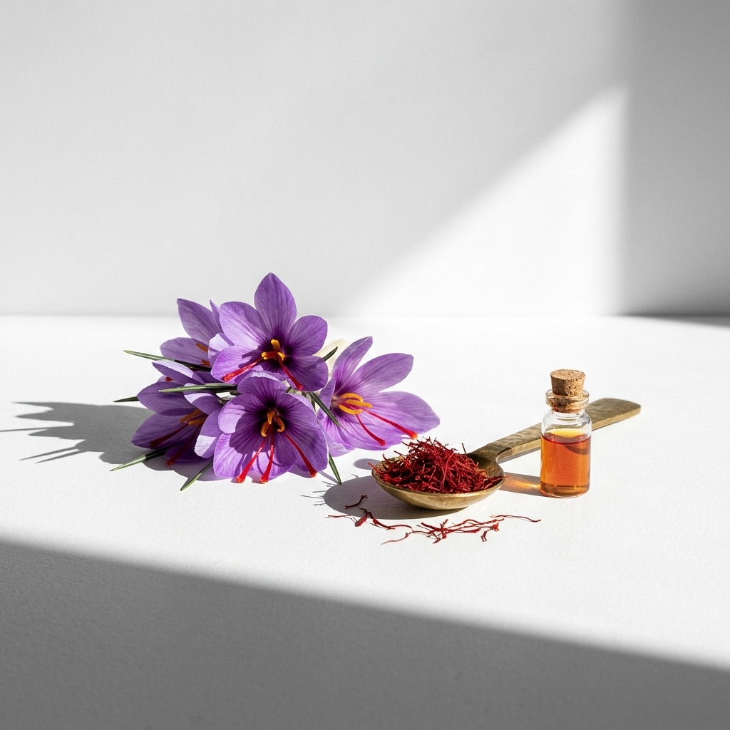 Plano aproximado dos pistilos vermelhos de uma flor de Crocus Sativus (açafrão), ilustrando a matéria-prima preciosa utilizada em perfumaria.