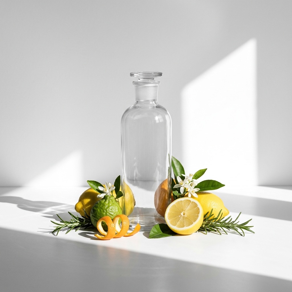 Fotografia de natureza-morta luminosa de um frasco de Água de Colónia de estilo antigo rodeado de citrinos (limão, bergamota) e alecrim, ilustrando a história da Eau Admirable e a sua frescura tónica.