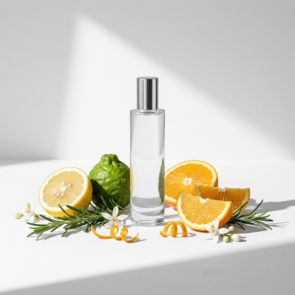 Frasco com abelhas e citrinos frescos, ilustrando a história e a composição da Água de Colónia em perfumaria.