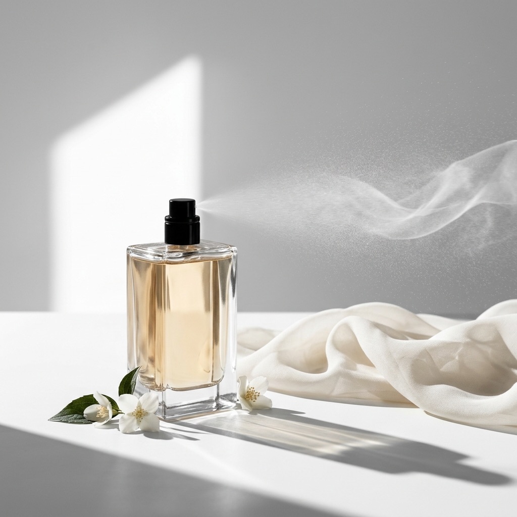 Elegantiška Eau de Parfum flakono nuotrauka, purkšiančio kvapo debesį, iliustruojanti jo koncentraciją ir gebėjimą kurti ilgalaikį kvapų šleifą.