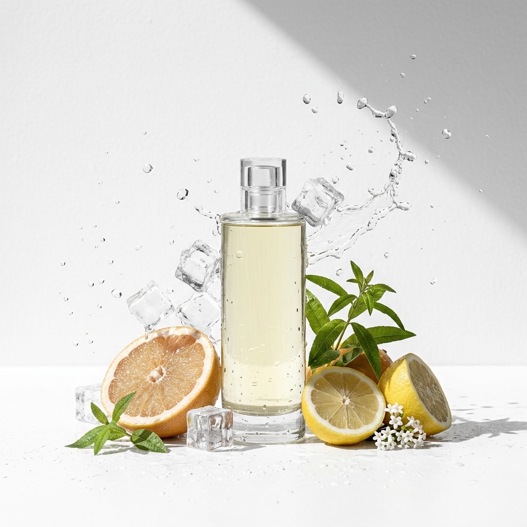 Fotografia luminosa e dinâmica de um frasco de Eau Fraîche rodeado de salpicos de água, cubos de gelo e citrinos, ilustrando a efervescência deste perfume de verão.