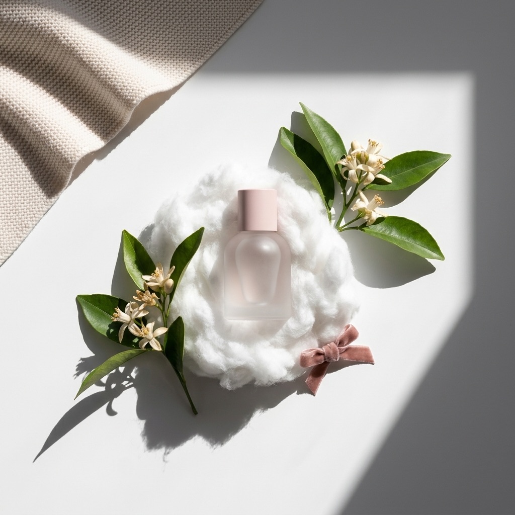Fotografia suave e luminosa de um frasco de eau de senteur pousado sobre algodão e um tecido de caxemira, rodeado de flores de laranjeira, ilustrando a perfumaria segura para os mais pequenos.