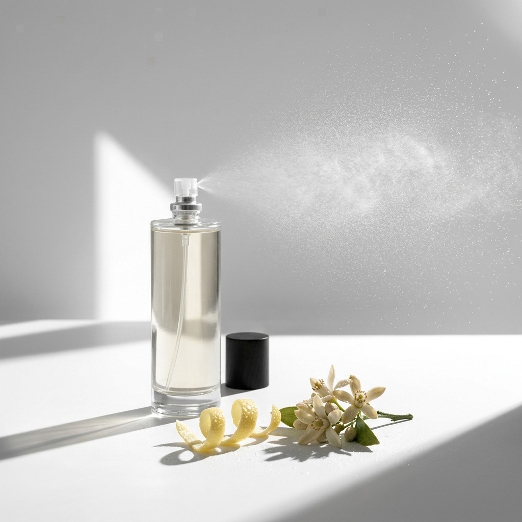 Šviesi Eau de Toilette flakono nuotrauka, purškianči platų gaivaus rūko debesį ore, iliustruojanti greitą sklaidą ir mažą koncentraciją, palyginti su Eau de Parfum.