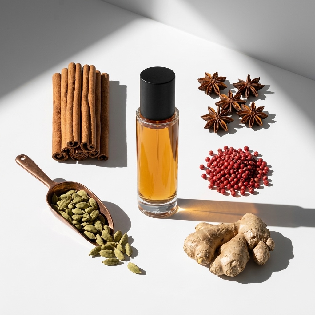 Fotografia artística vista de cima mostrando os ingredientes-chave da família especiada em perfumaria: paus de canela, pimenta-rosa, cardamomo, gengibre e anis-estrelado em redor de um frasco de perfume ambarado.