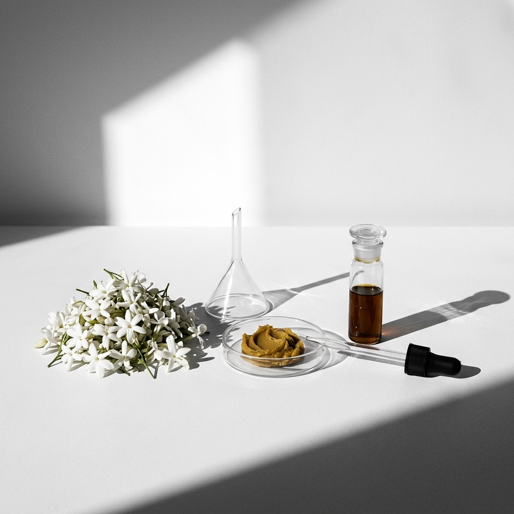 Fotografia didática que mostra as etapas da extração por solventes: flores frescas, concreta cerosa e absoluto líquido num laboratório de perfumista.