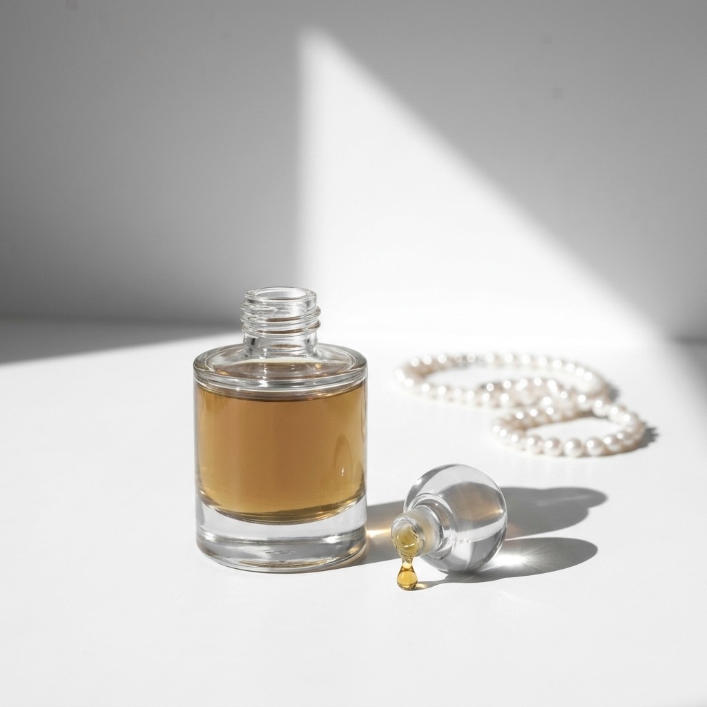 Plano aproximado de um frasco de extrato de perfume aberto com a sua tampa de cristal e uma gota de líquido âmbar denso, ilustrando a concentração e o ritual de aplicação.