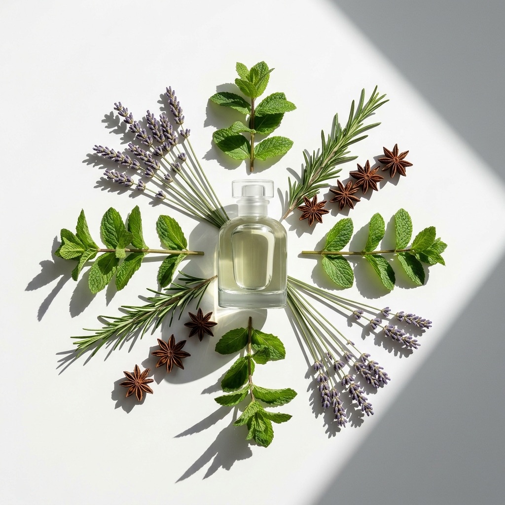 Fotografia artística vista de cima mostrando os ingredientes-chave da faceta aromática em perfumaria: lavanda, menta, alecrim e anis-estrelado em torno de um frasco de perfume, evocando a frescura vegetal.