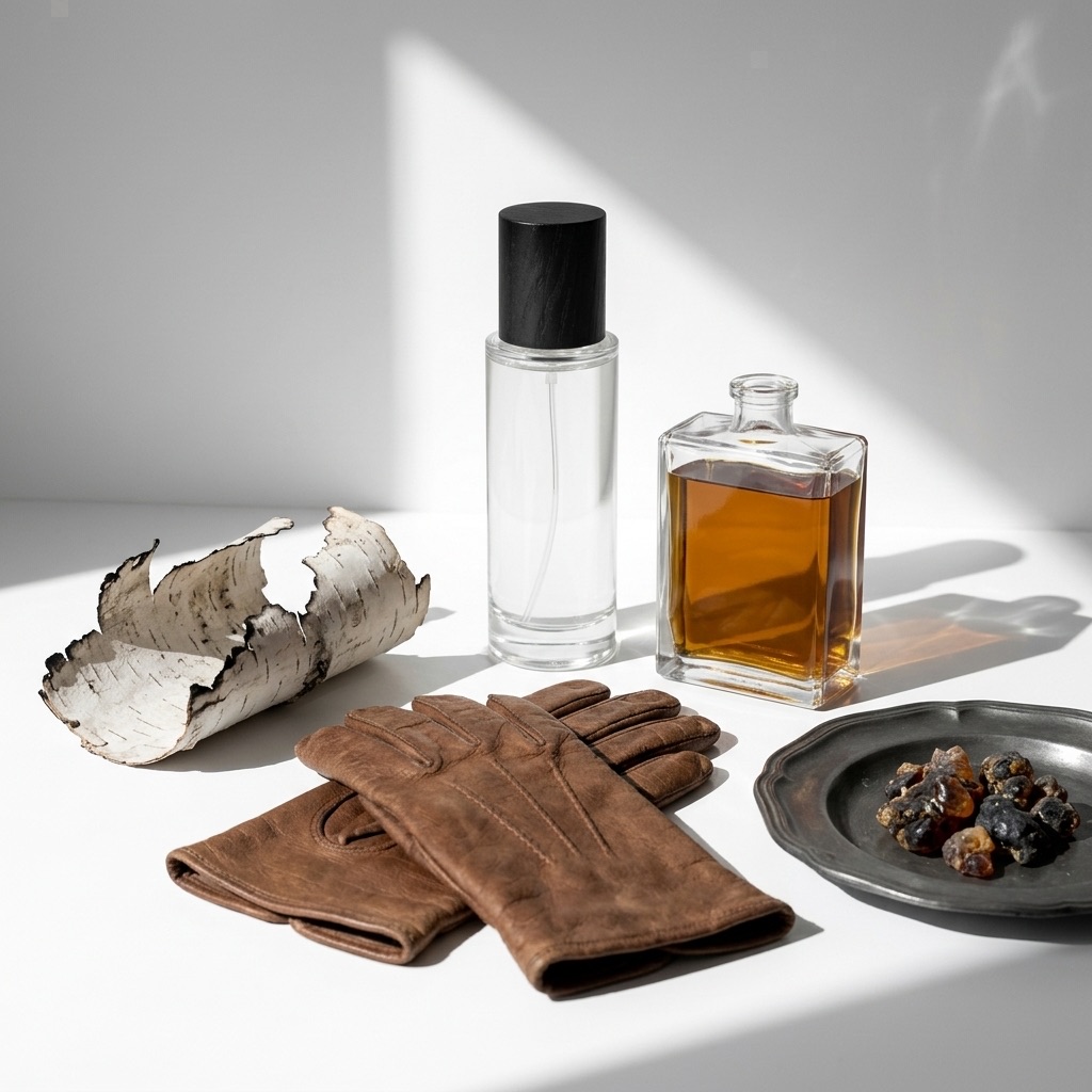 Fotografia de natureza-morta detalhada ilustrando a faceta acouroada em perfumaria: um frasco de acorde couro rodeado de luvas antigas de luveteiros-perfumistas, casca de vidoeiro queimada e resinas sobre uma bancada de artesão, evocando o Cuir de Russie.