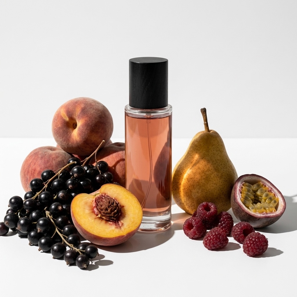 Fotografia de natureza-morta realista de uma seleção de frutos utilizados em perfumaria (pêssegos, groselha-preta, peras, maracujás) dispostos sobre uma mesa de madeira de artesão perfumista em torno de um frasco de essência etiquetado "Accord Fruité", ilustrando a diversidade das notas frutadas.