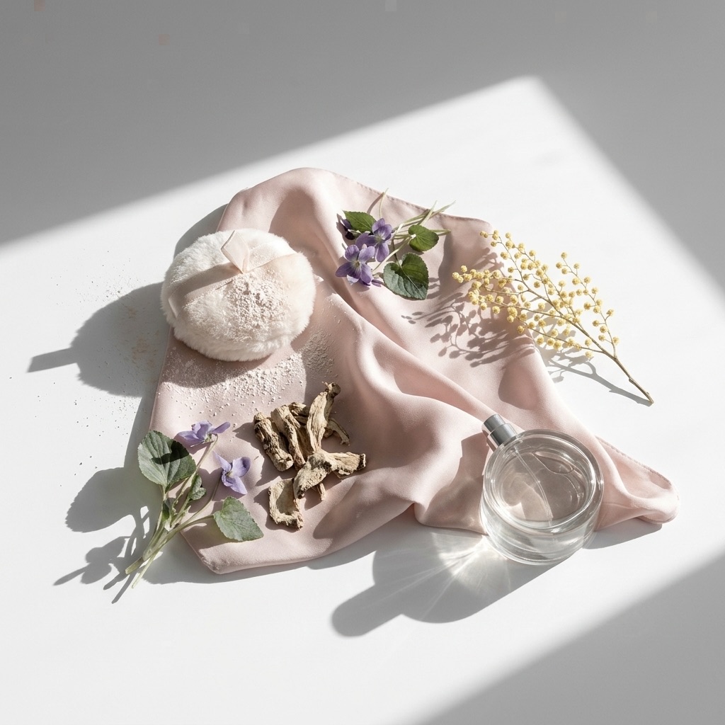 Fotografia de natureza-morta elegante mostrando os ingredientes-chave da faceta empolvada: rizomas de íris secos, flores de violeta, ramos de mimosa e uma borla de pó antiga com pó de arroz sobre veludo de seda.