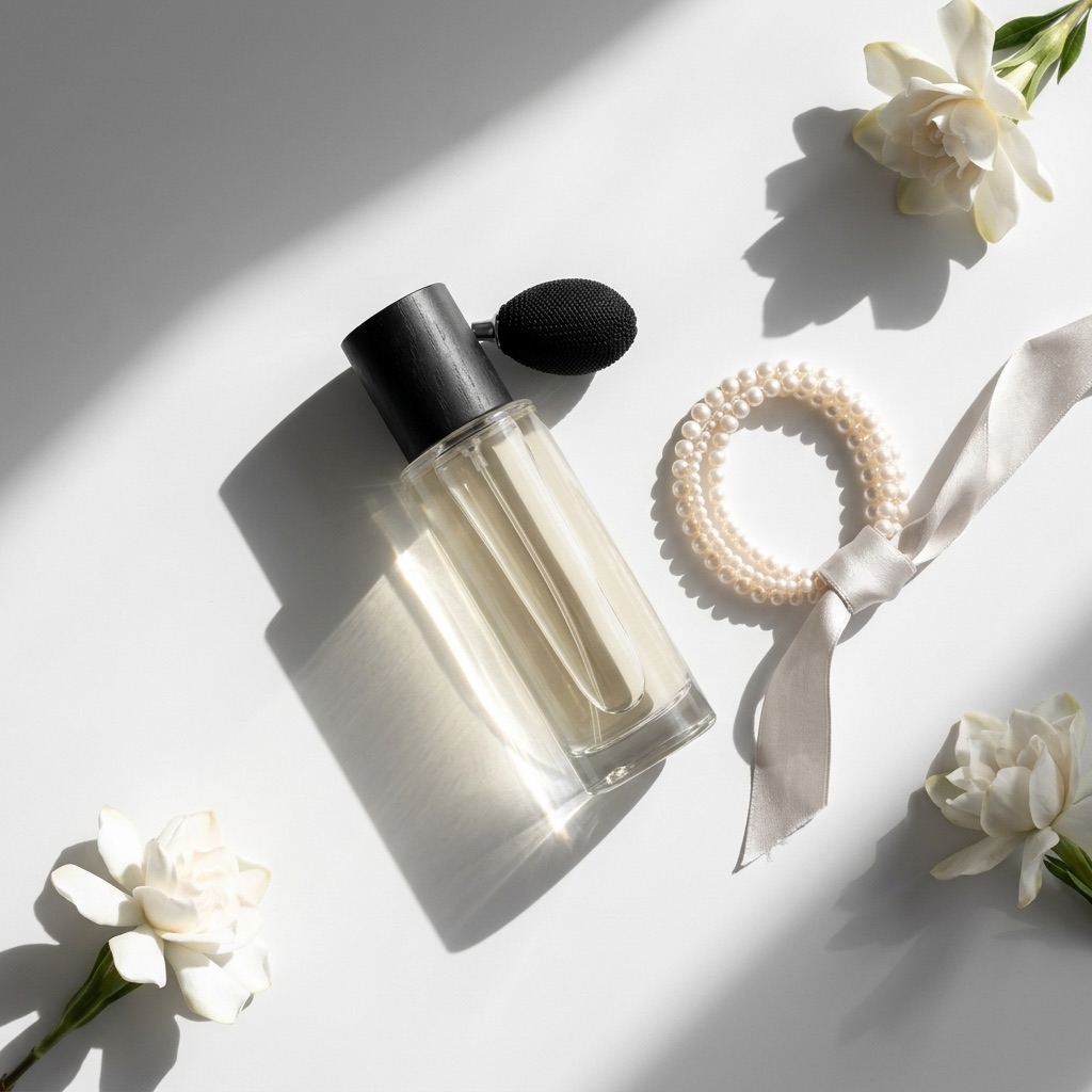 Mulher elegante a aplicar perfume no pescoço sob uma luz suave, ilustrando as zonas ideais para se perfumar segundo os conselhos de Sylvaine Delacourte