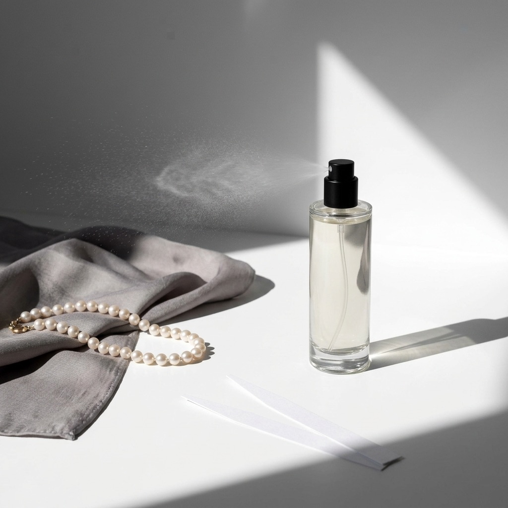 Pulso elegante e pontos de pulsação do pescoço, ilustrando a aplicação de um perfume Delacourte Paris sobre a pele.
