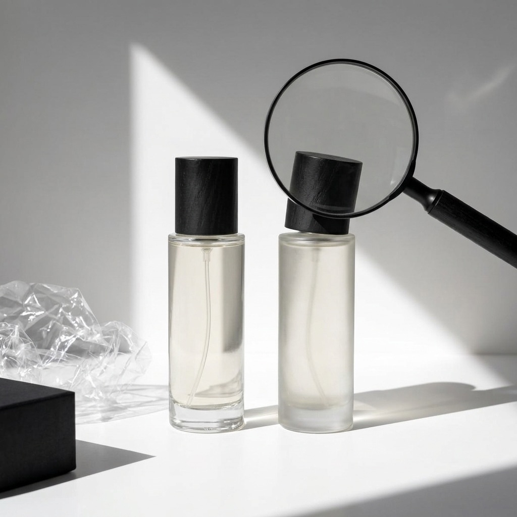 Comparacao visual entre a embalagem e o frasco de um verdadeiro perfume de luxo e de um perfume falso contrafeito.