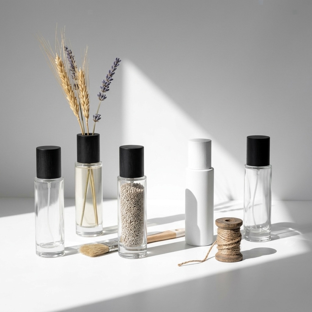 Frascos de perfume vazios transformados em vasos e objetos decorativos, alguns pintados em branco mate ou azul Klein, outros preenchidos com pérolas ou flores secas sobre um fundo elegante.