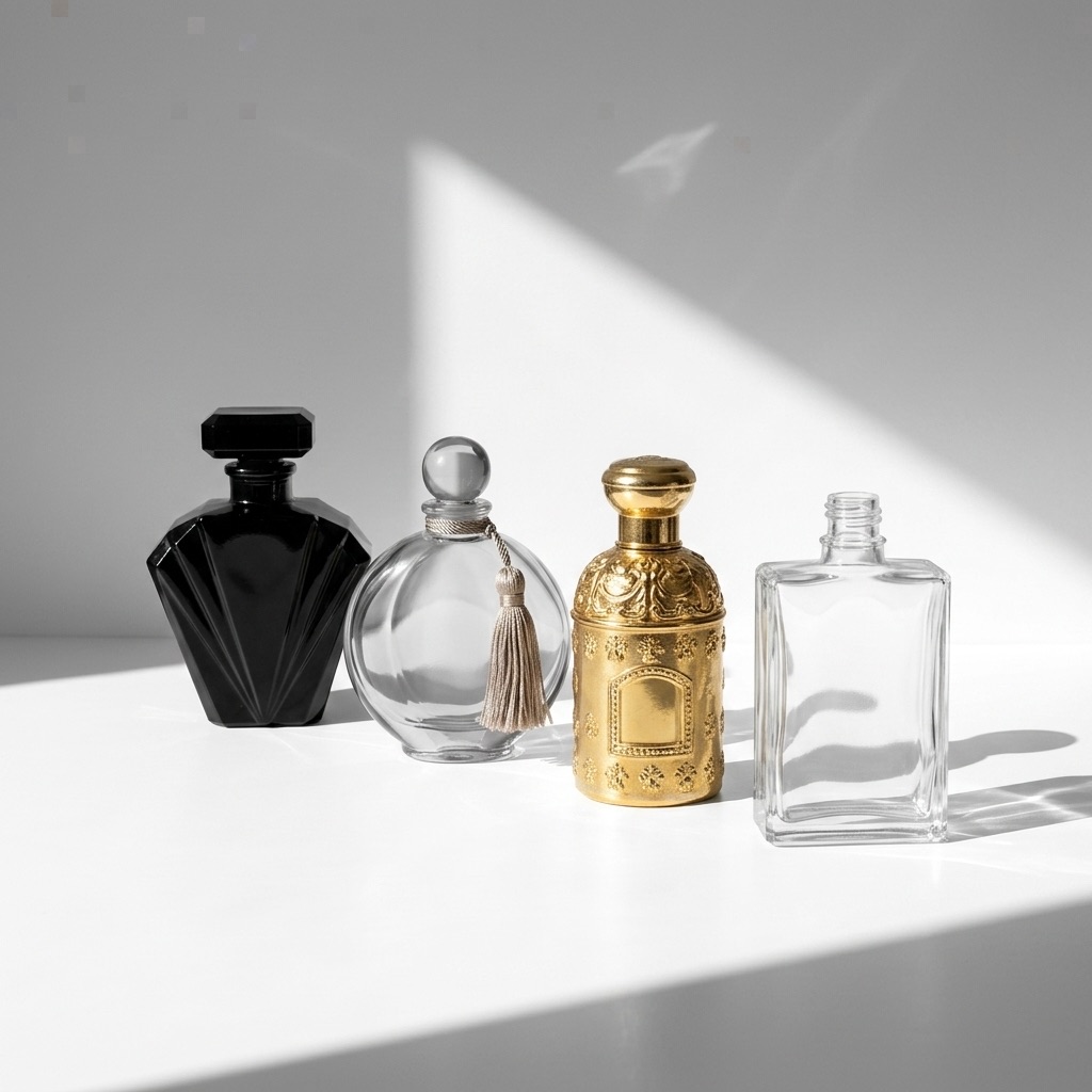 Colagem historica mostrando a evolucao dos frascos de perfume: estilo Art Deco dos anos 20, estilo opulento dos anos 80 e minimalismo dos anos 90.