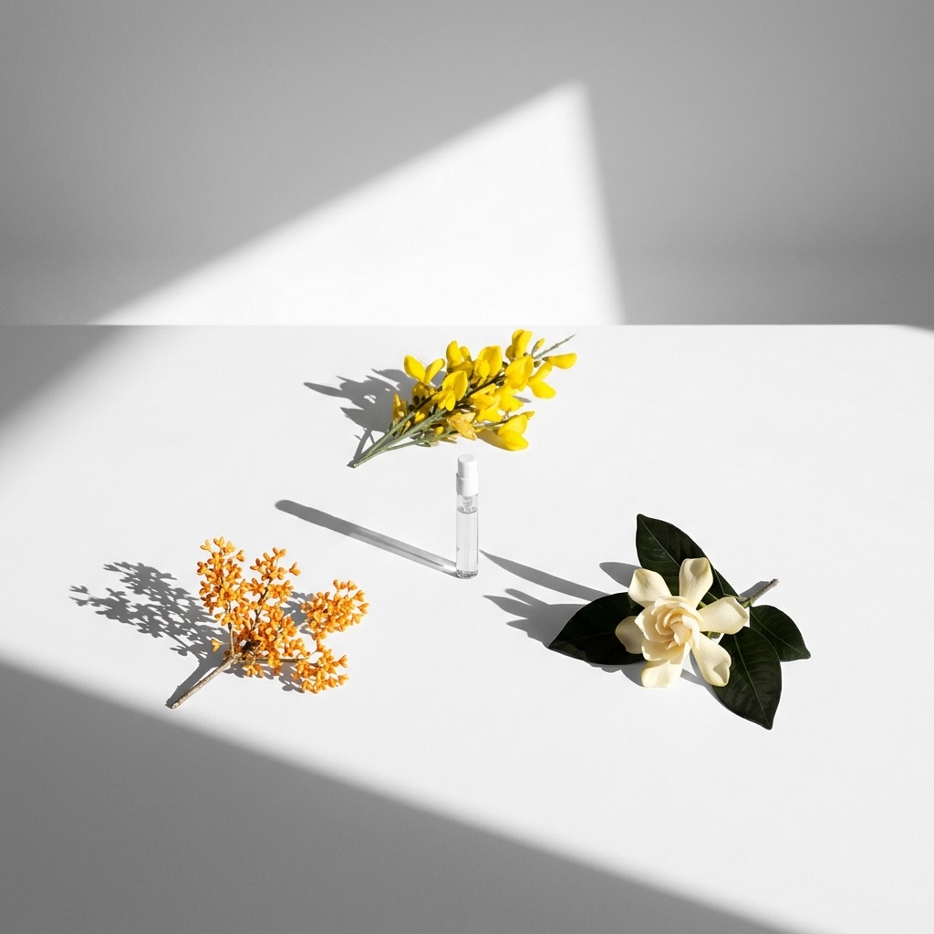 Composição de flores raras (giesta amarela, osmanthus laranja, gardénia branca) ilustrando as notas florais complexas na perfumaria.