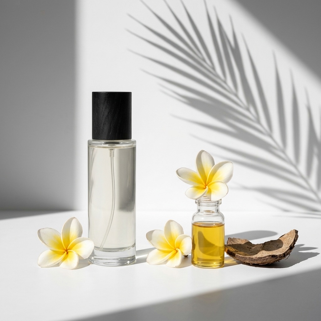 Fotografia de uma flor de frangipani pousada sobre linho claro, acompanhada de um frasco de perfume, numa atmosfera tropical dourada e apaziguante
