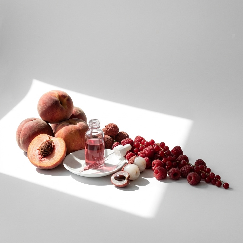 Barevná fotografie zátiší s čerstvým ovocem (broskev, červené ovoce, ananas) a laboratorní lahvičkou, ilustrující přírodní a syntetické ovocné tóny v parfumérii.