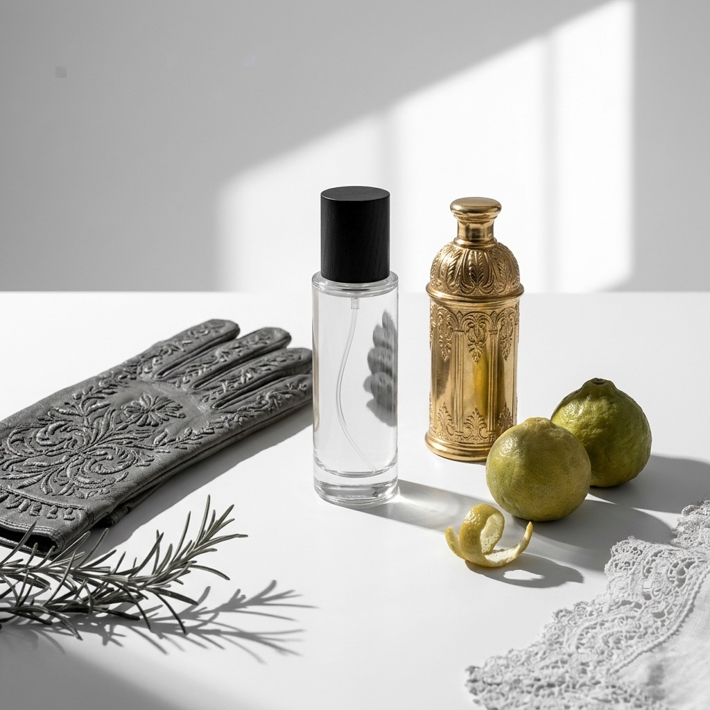 Natureza-morta histórica com uma luva de couro bordada, um frasco com abelhas do tipo Eau de Cologne e bergamota, ilustrando a evolução da perfumaria do século XVII ao século XIX.