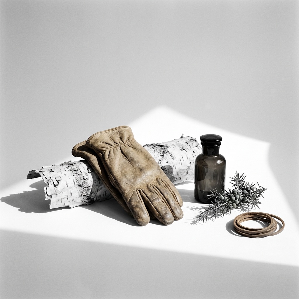 Luvas de couro antigas e ingredientes de perfumaria (vidoeiro, cade), ilustrando a origem histórica da nota de couro.