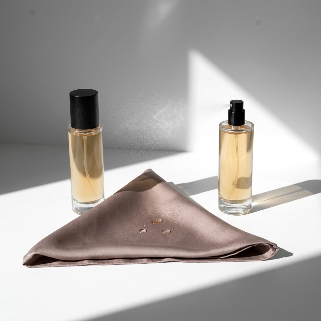 Mulher a aplicar o seu perfume segundo a técnica do triângulo e da nuvem para um sillage perfeito.