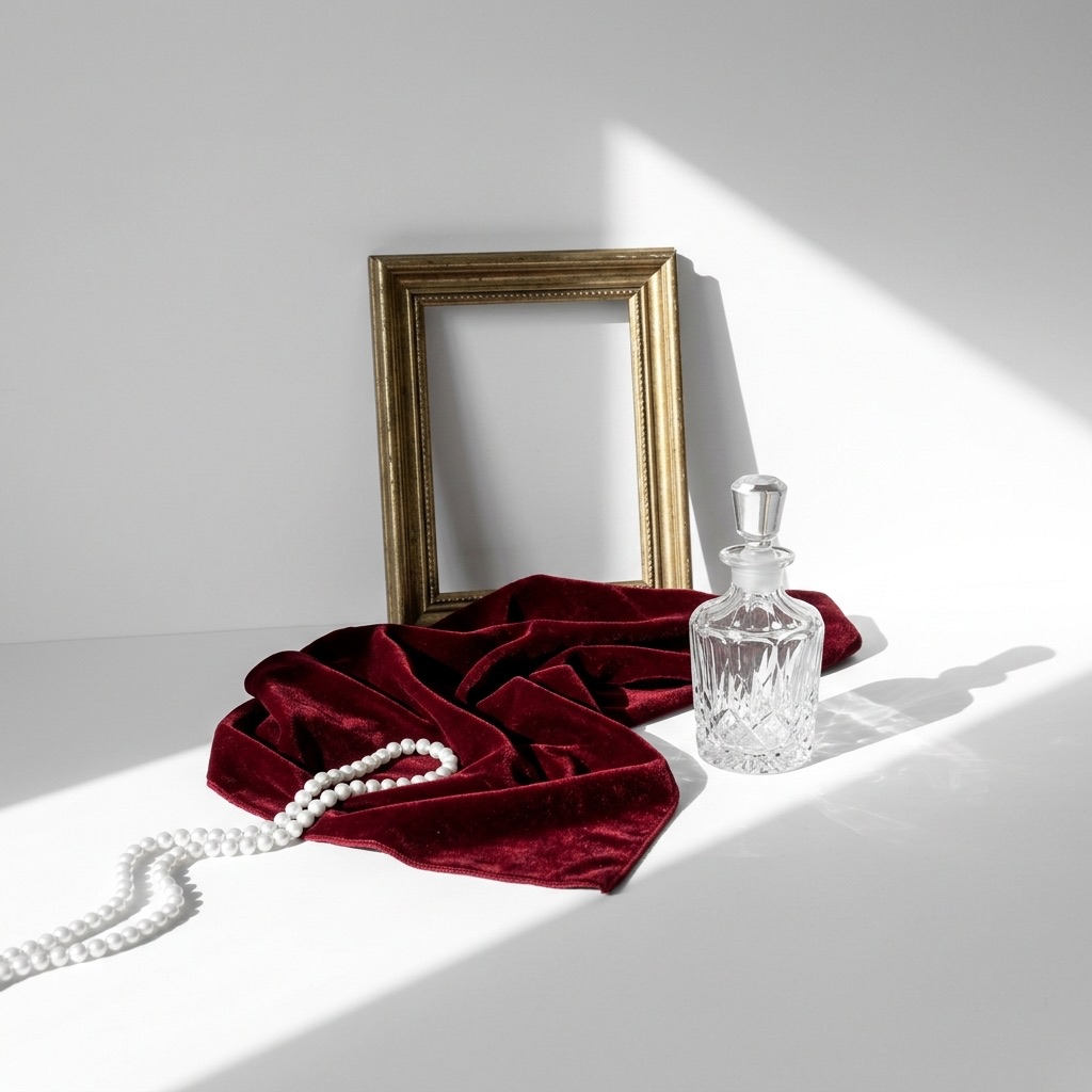 Composição artística evocando os anúncios de perfume emblemáticos com gaiola dourada, cortina vermelha e película de cinema.