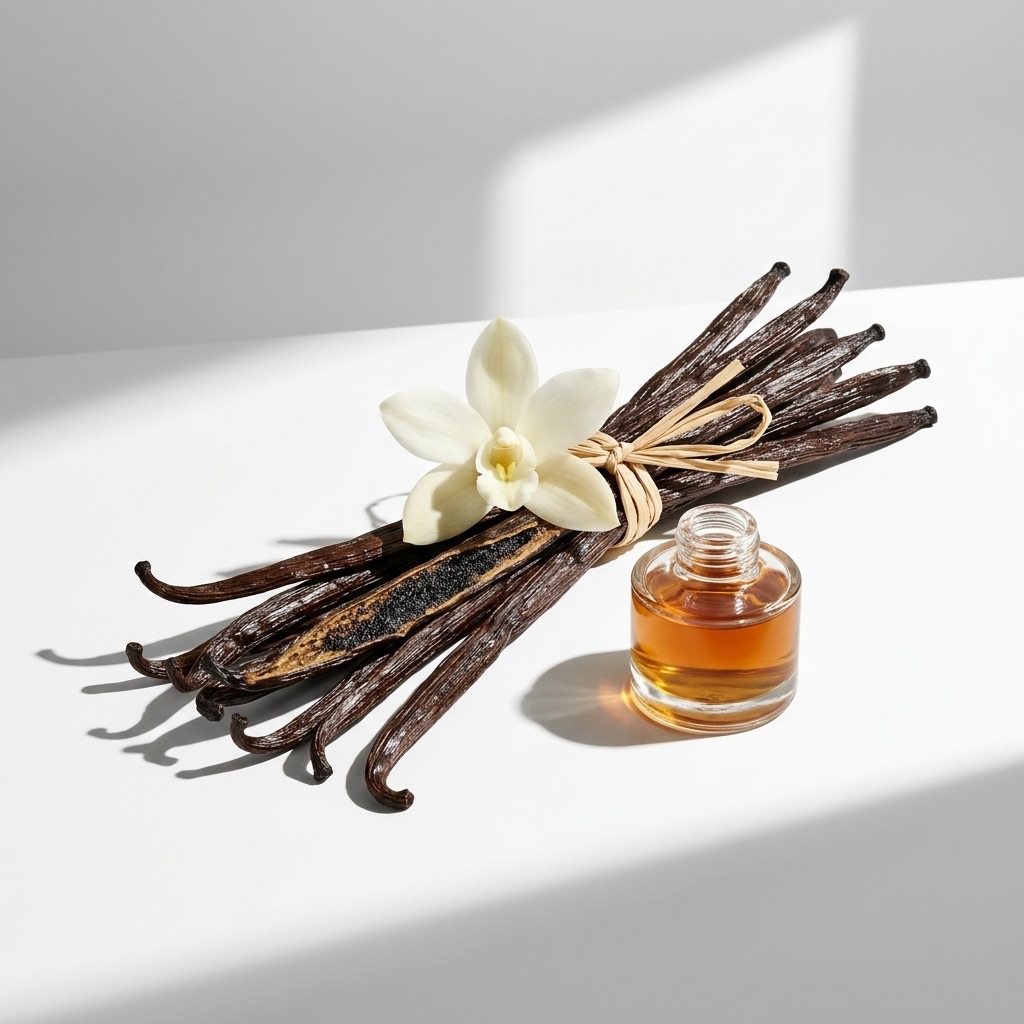 Fotografia macro artística de vagens de baunilha negra oleosas e de uma flor de orquídea junto a um frasco de perfume, ilustrando a riqueza da baunilha natural de Madagáscar.