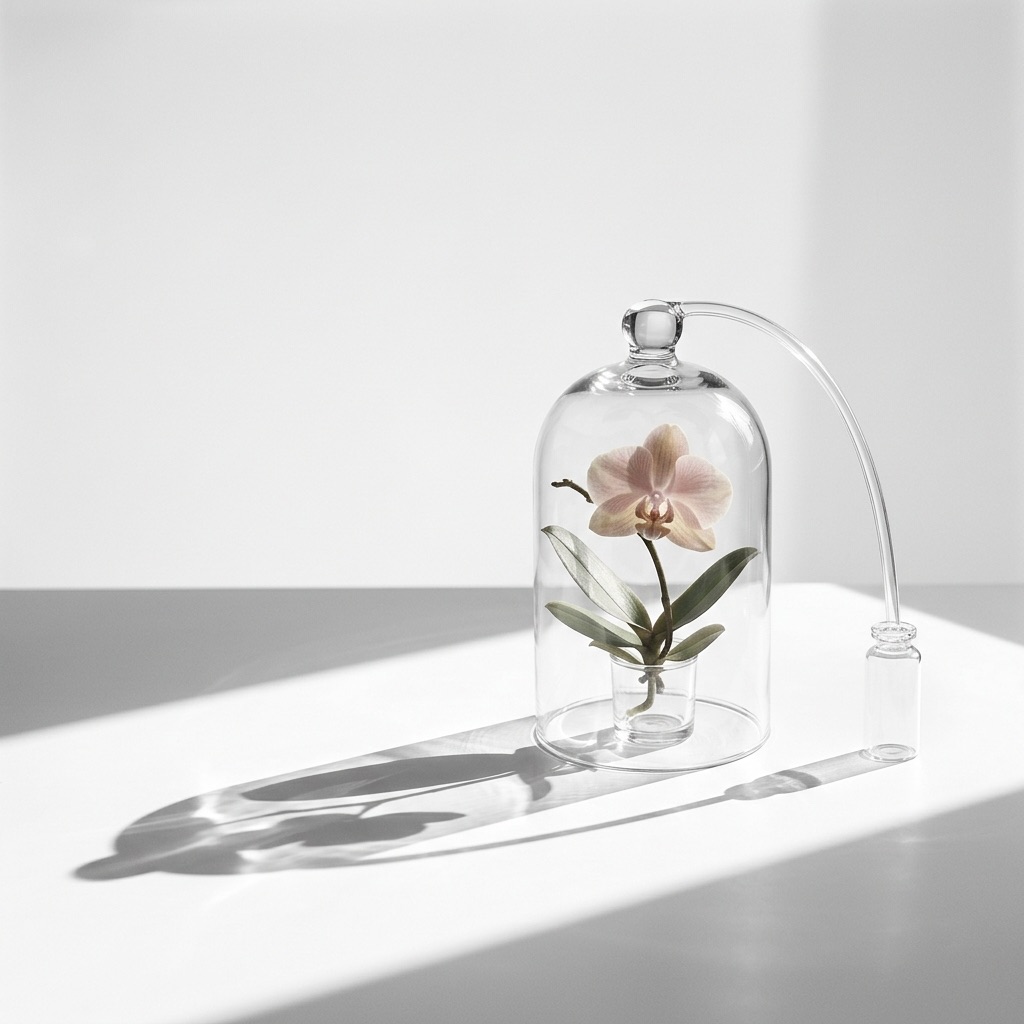 Fotografia científica de uma flor rara sob uma campânula de vidro ligada a um sensor, ilustrando a técnica do Head Space para analisar o aroma sem cortar a planta.