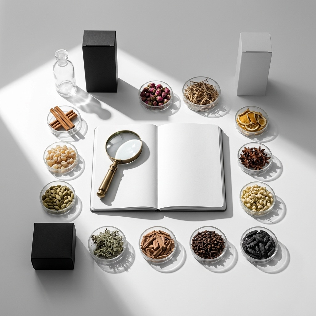 Tablet digital a exibir o site ScenTree rodeado de matérias-primas naturais e instrumentos de laboratório.