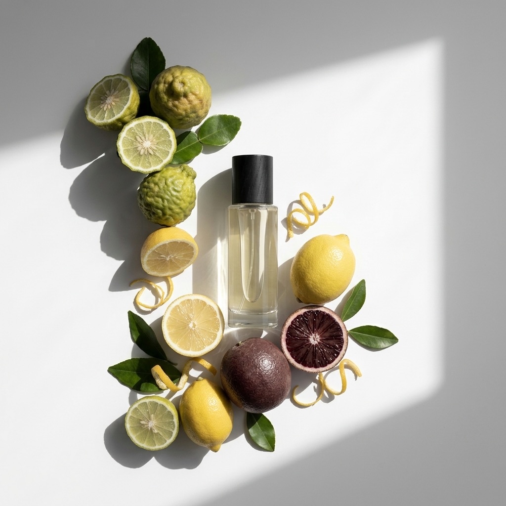Fotografia de natureza morta luminosa e tónica mostrando os ingredientes-chave da família hesperidada: bergamotas, limões, laranjas e cascas em redor de um frasco de perfume fresco, ilustrando as notas cítricas.
