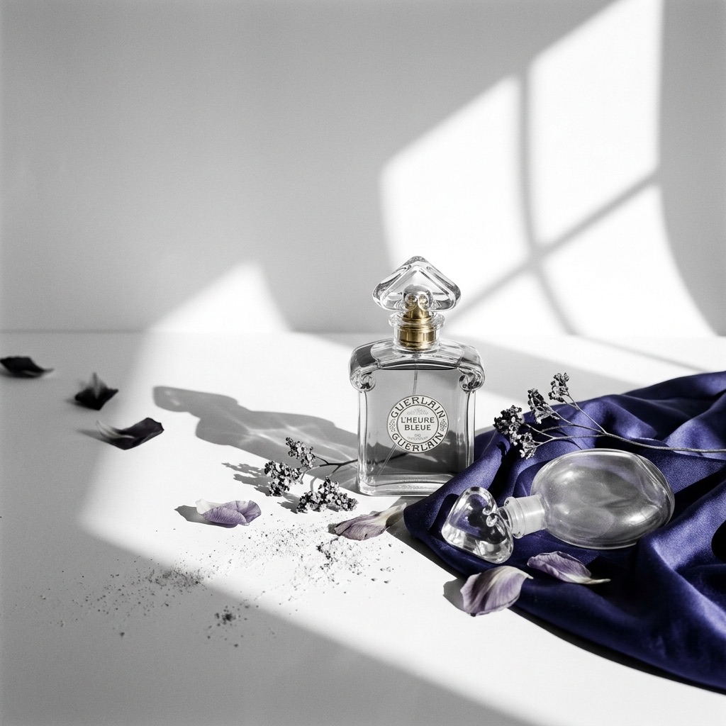 Frasco Coração Invertido de L'Heure Bleue pousado numa varanda parisiense ao crepúsculo, ilustrando a inspiração do perfume.