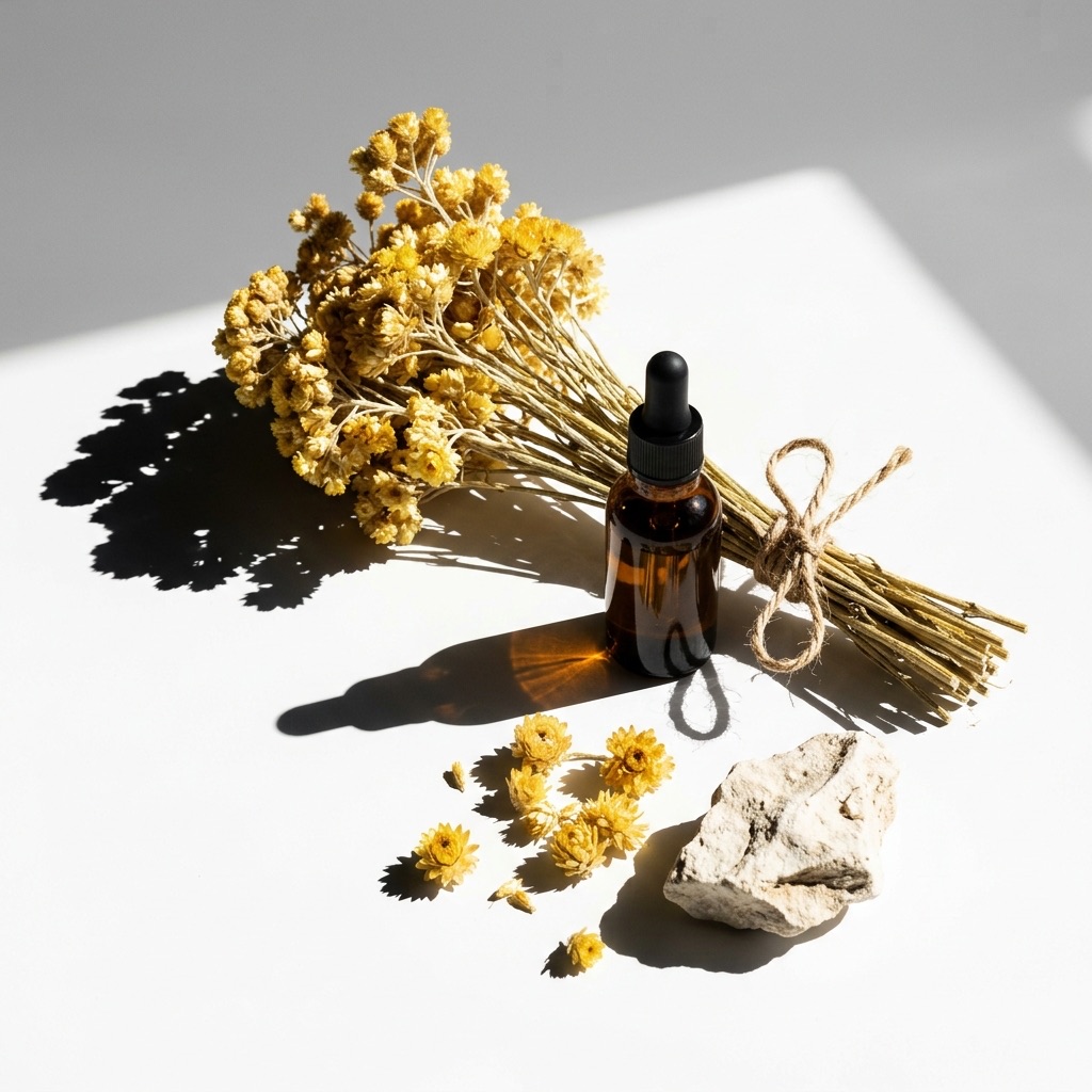 Campos de flores de immortelle amarelas na Córsega e frasco de óleo essencial, ilustrando a nota especiada e solar em perfumaria.