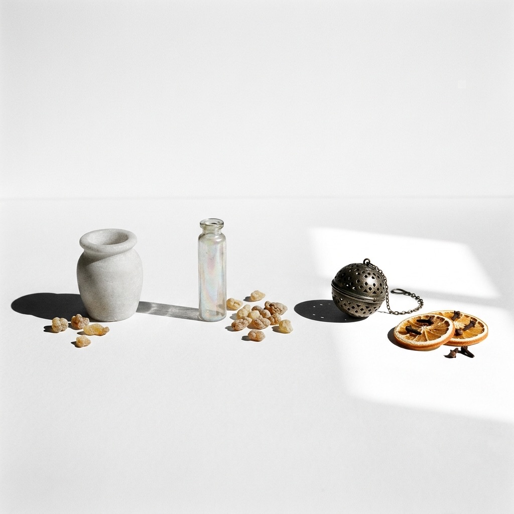 Natureza-morta histórica ilustrando a evolução do perfume: jarra de alabastro egípcia, frasco romano e pomander da Idade Média rodeados por volutas de fumo de incenso.