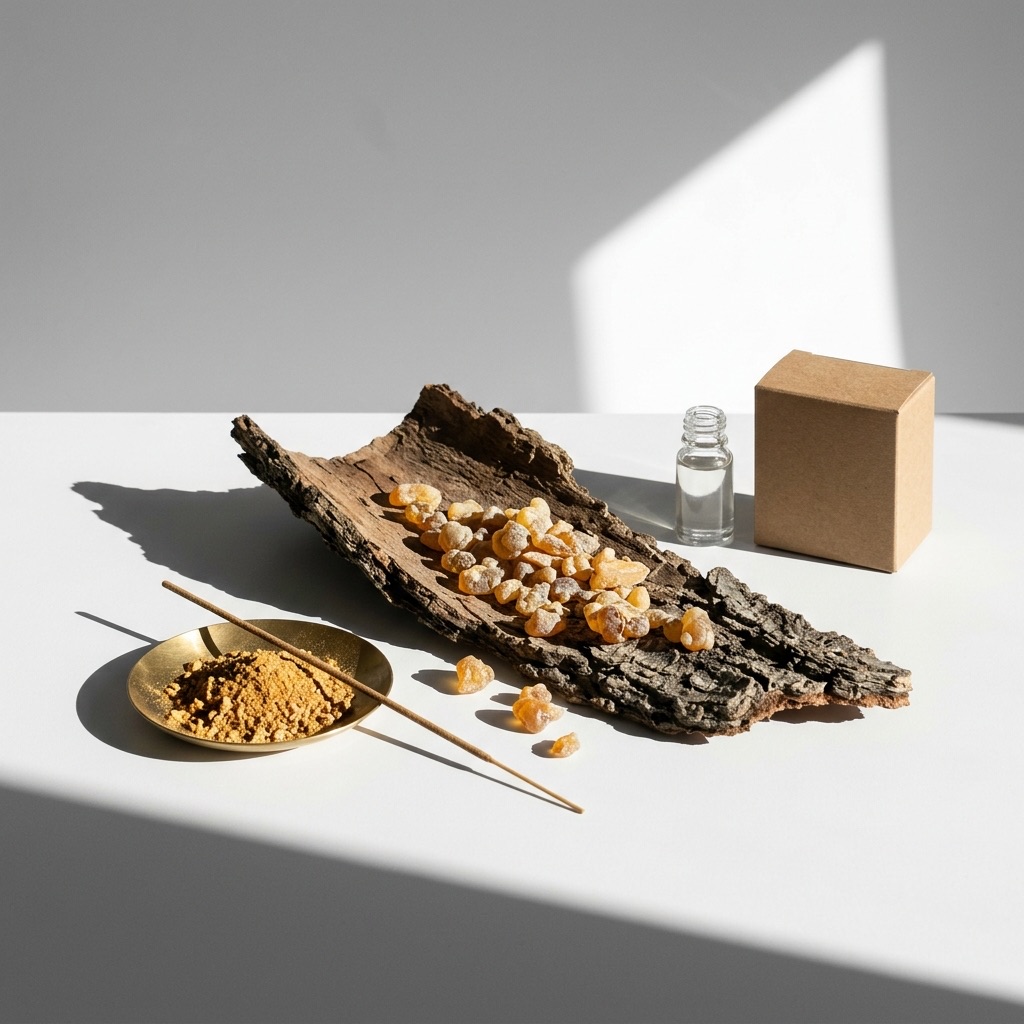 Lágrimas de resina de benjoim na casca de um styrax, ilustrando a matéria-prima balsâmica utilizada em perfumaria.