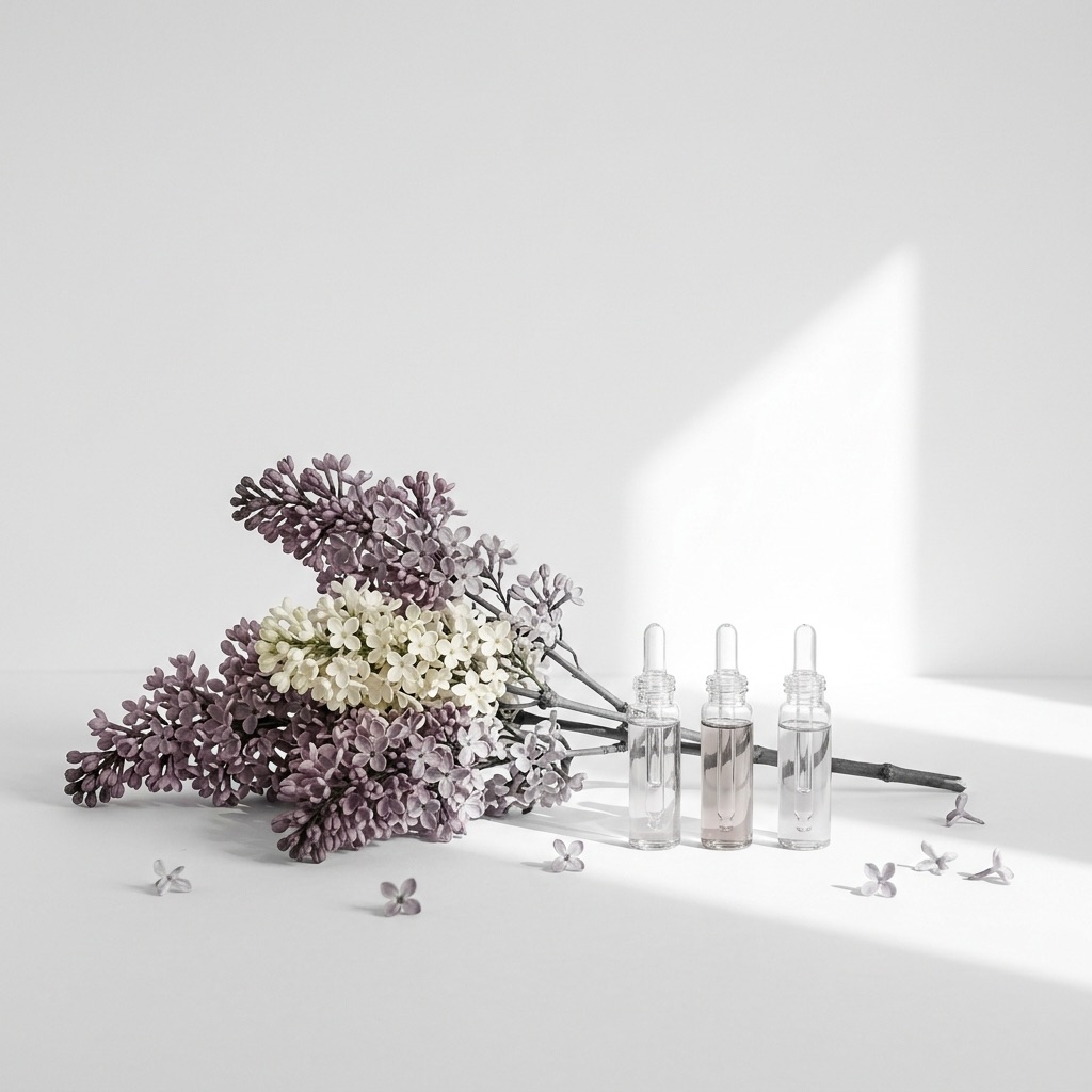 Ramo de lilás roxo e branco com frascos de laboratório, ilustrando a reconstituição desta flor muda em perfumaria.