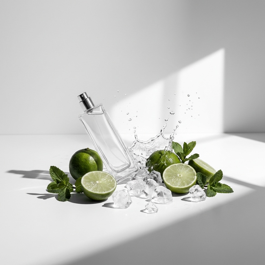 Limas verdes frescas e folhas de hortelã com salpicos de água, ilustrando o acorde cocktail fresco em perfumaria.