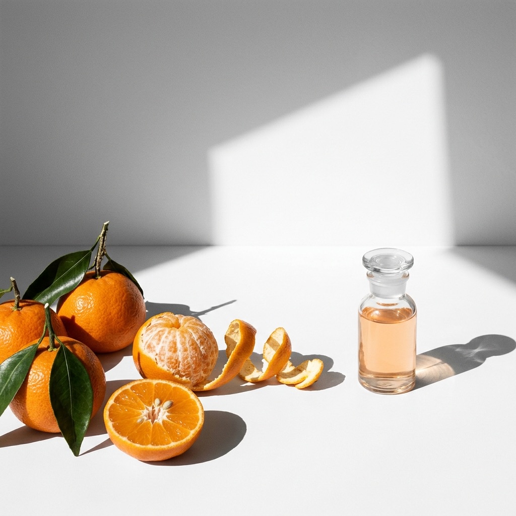 Cesto de tangerinas frescas com as suas folhas e frasco de óleo essencial, ilustrando a nota hesperidada solar em perfumaria.