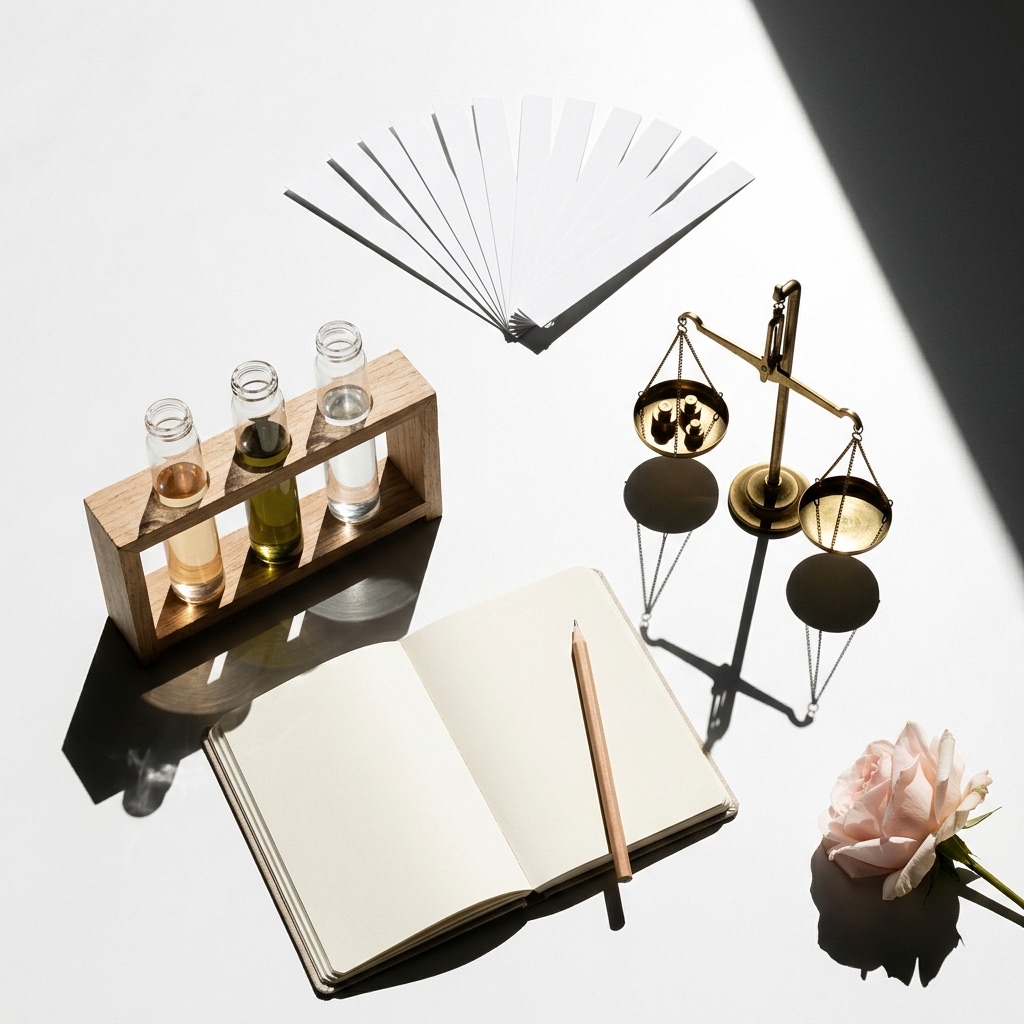 Natureza-morta ilustrando as profissões do perfume: material de laboratório, mouillettes de avaliação e frasco protótipo sobre uma secretária de criação.