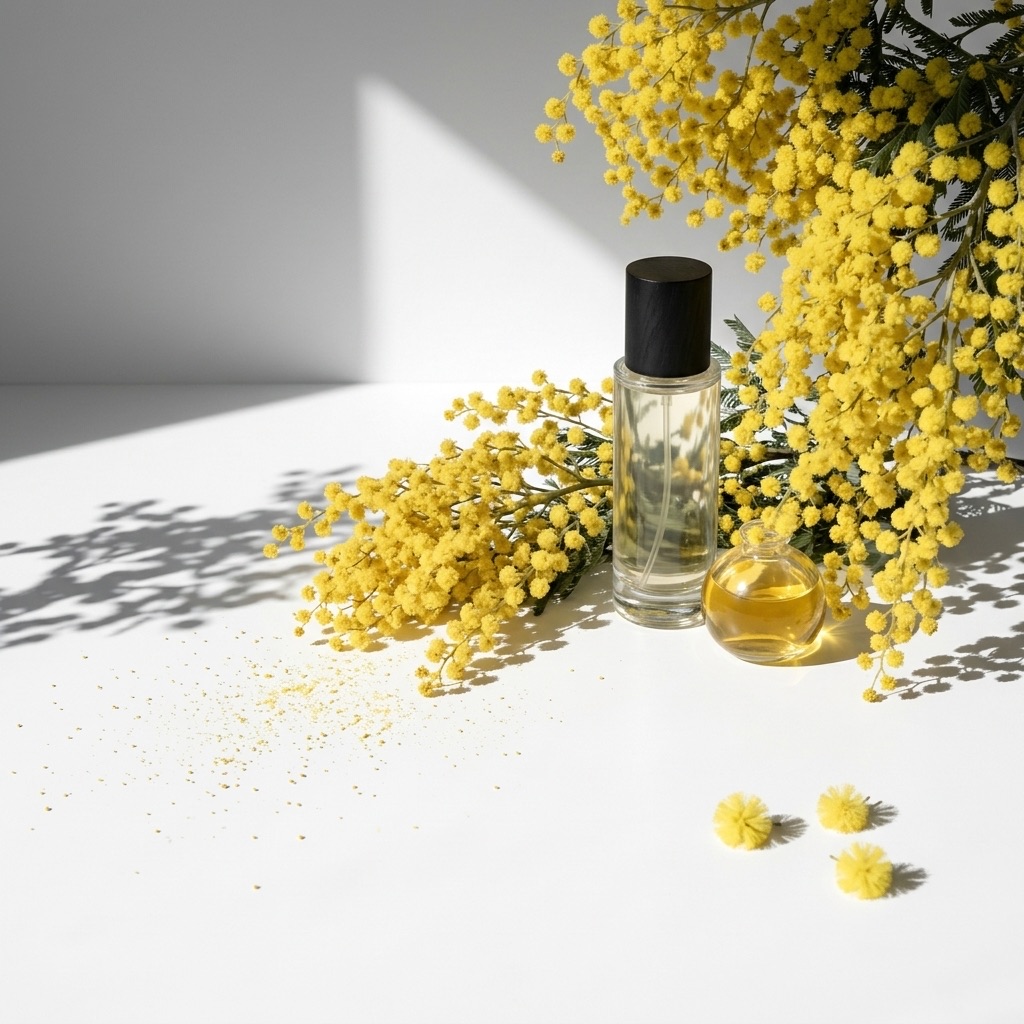 Flores de mimosa amarelas e macarons, ilustrando a nota floral empolvada e gourmand em perfumaria.