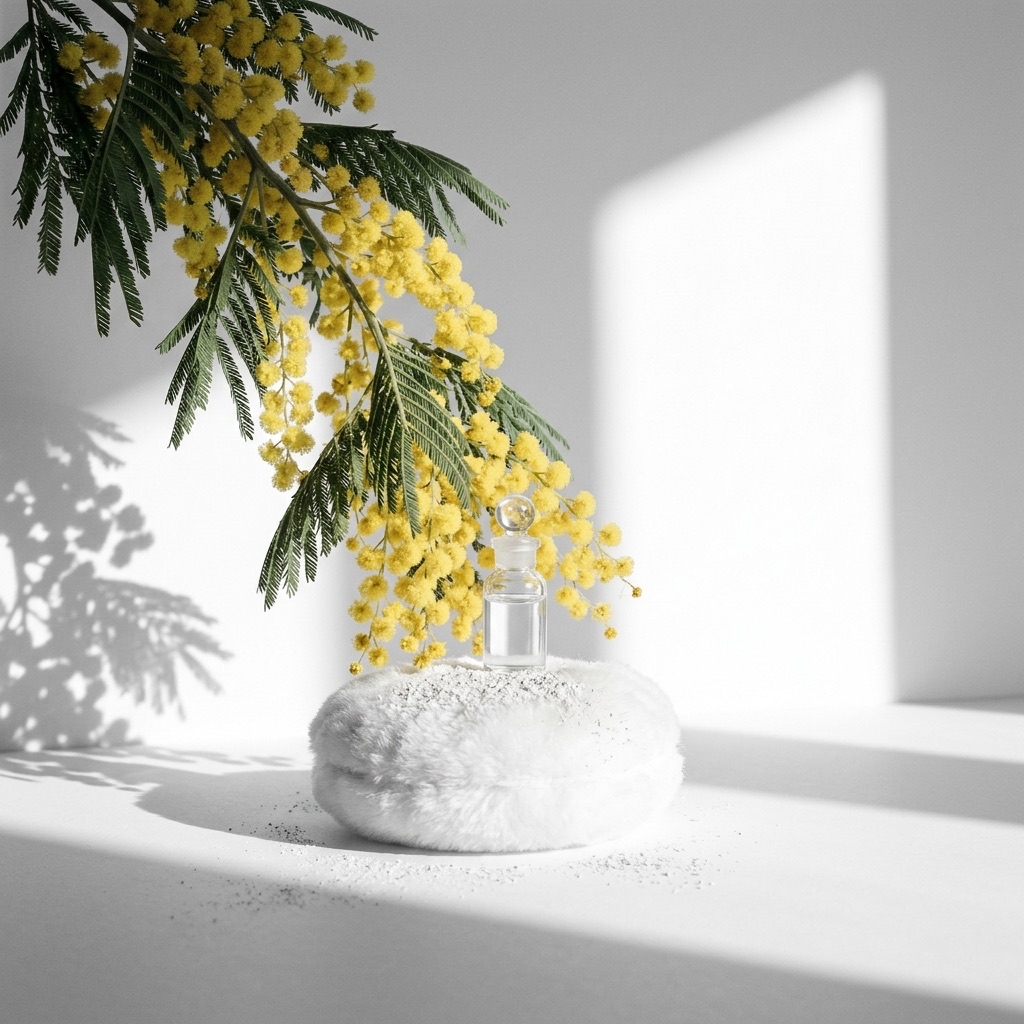 Ramo de mimosa amarela e borla de pó, ilustrando a nota floral e empolvada característica em perfumaria.