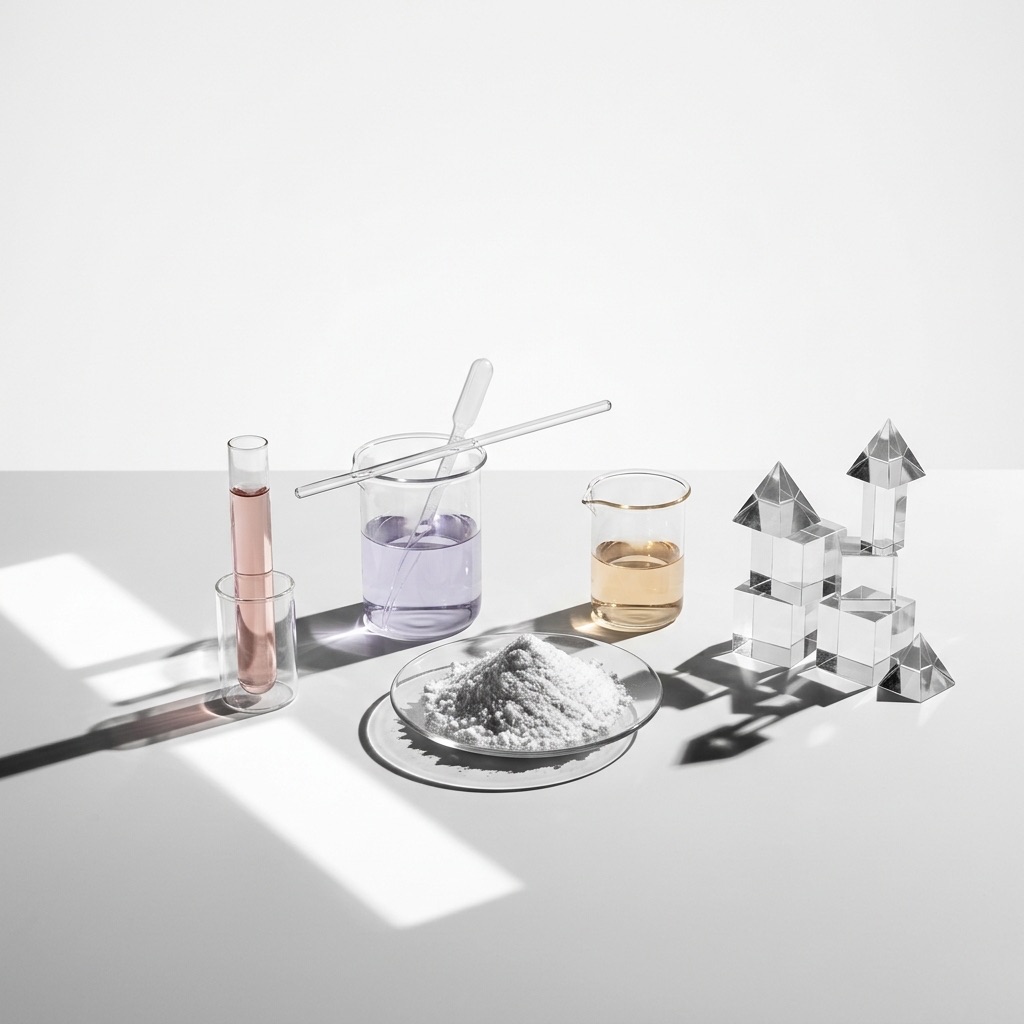 Fotografia conceptual de estruturas moleculares coloridas (Hediona, Calone, etc.) a flutuar num copo de precipitação, ilustrando a inovação e a abstração das matérias-primas sintéticas em perfumaria.