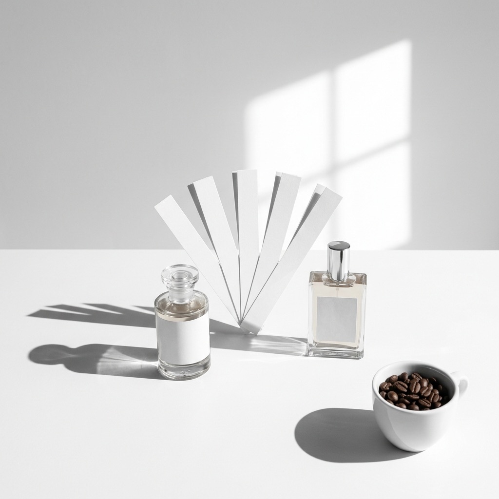 Mulher a testar um perfume no pulso numa boutique de luxo com mouillettes em primeiro plano.