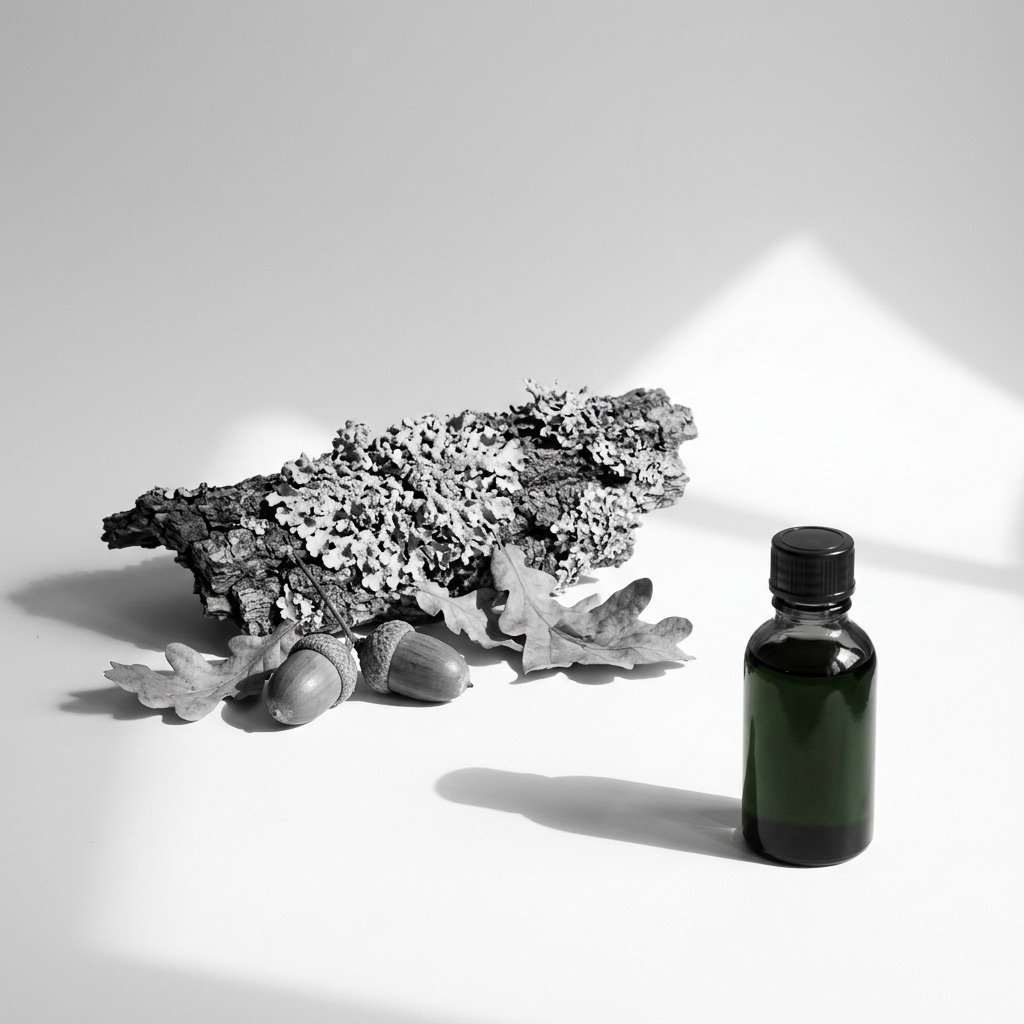Plano aproximado de líquen Evernia prunastri sobre uma casca de carvalho, ilustrando a matéria-prima dos perfumes chipre.