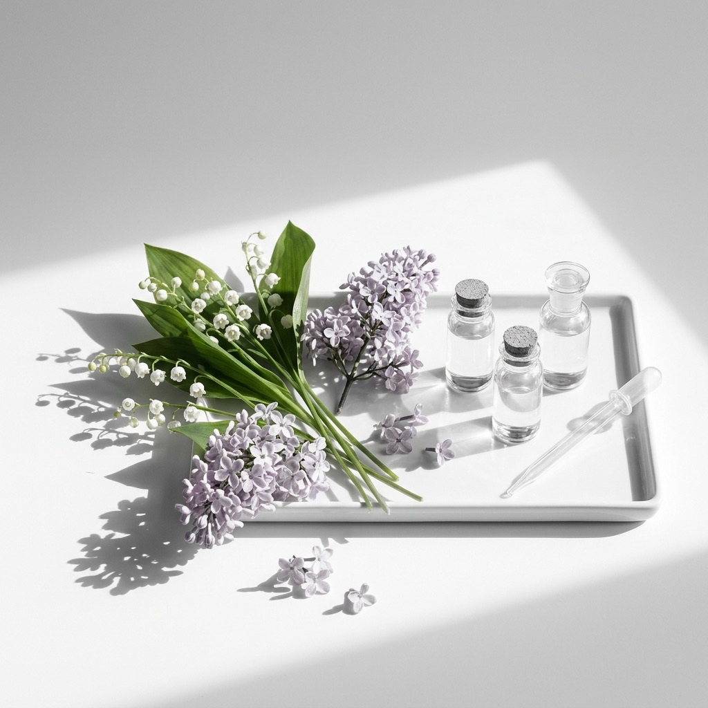 Bouquet de flores mudas (lírio-do-vale, lilás) com fórmulas químicas, ilustrando a necessidade de reconstituir o seu perfume em laboratório.